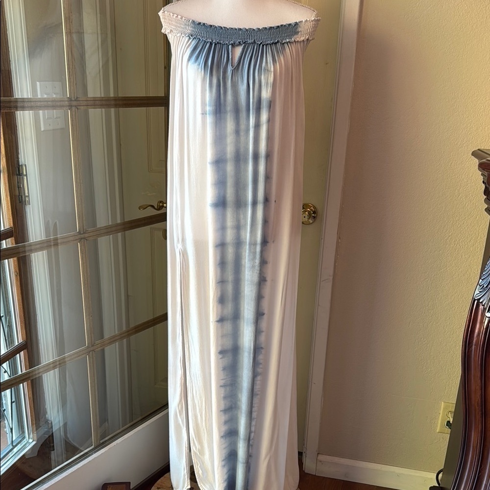 Blue and White Strapless Resort Maxi Gown - Picture 1 of 13